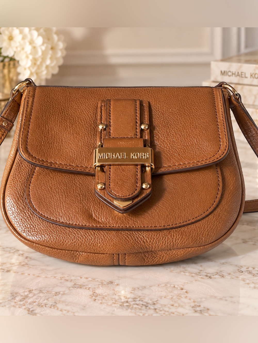 Michael Kors Brown Leather Studded Buckle Crossbody Bag